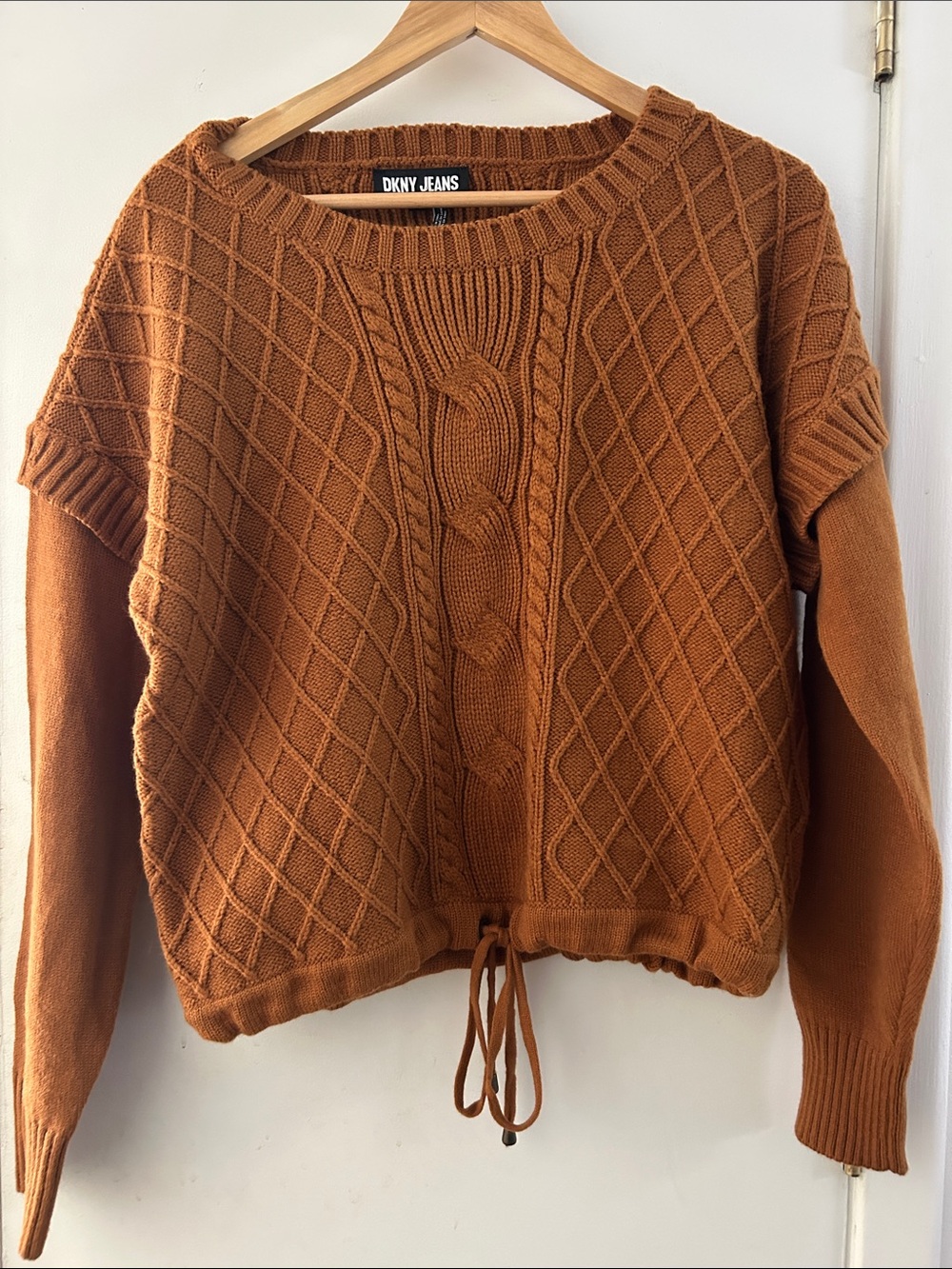 DKNY Rust Cable Knit Scoop Neck Sweater, size Large with drawstring waist